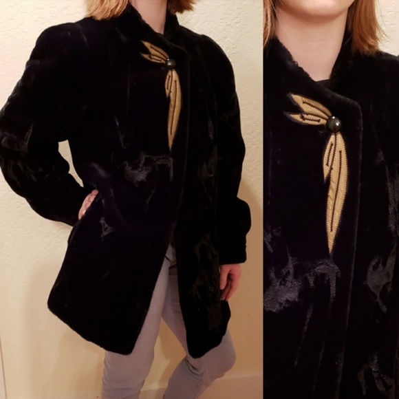 Jackets & Blazers - Vintage faux fur coat jacket black leather Medium
